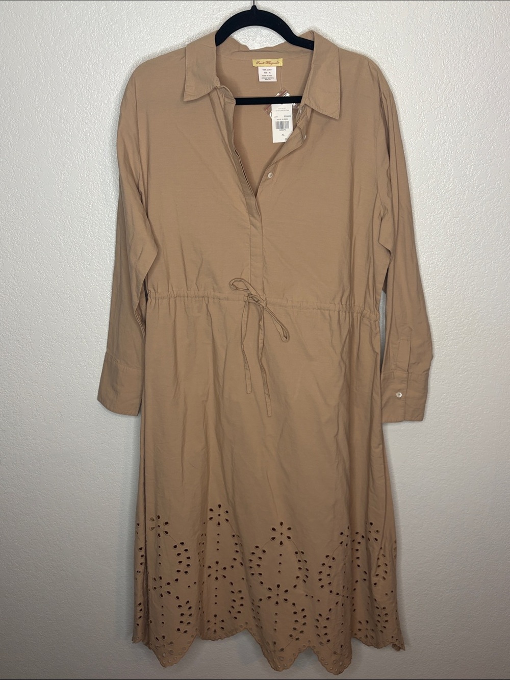 Sweet Magnolia Tan Eyelet Midi Shirt Dress Size XL Neutral Classic Teacher